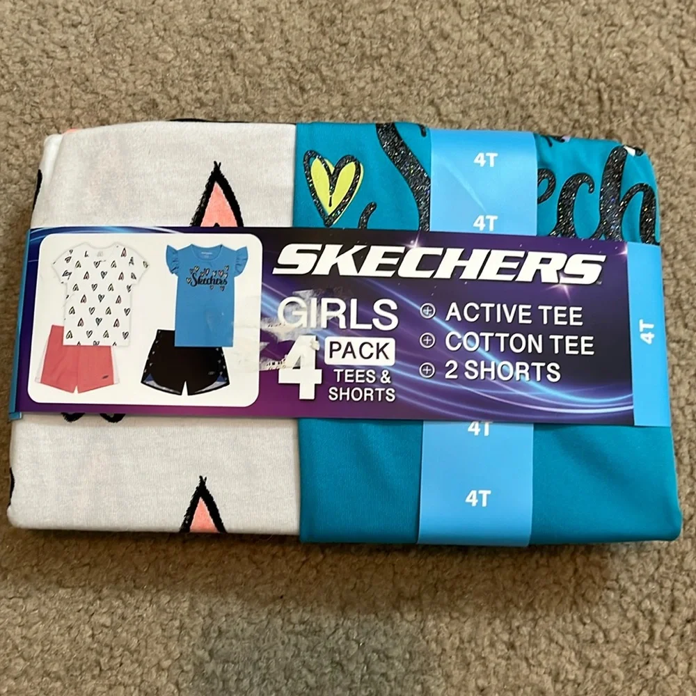 NWT 4-Pc Skechers Heart Print Tee and Shorts Set - White, Pink, Blue, Black